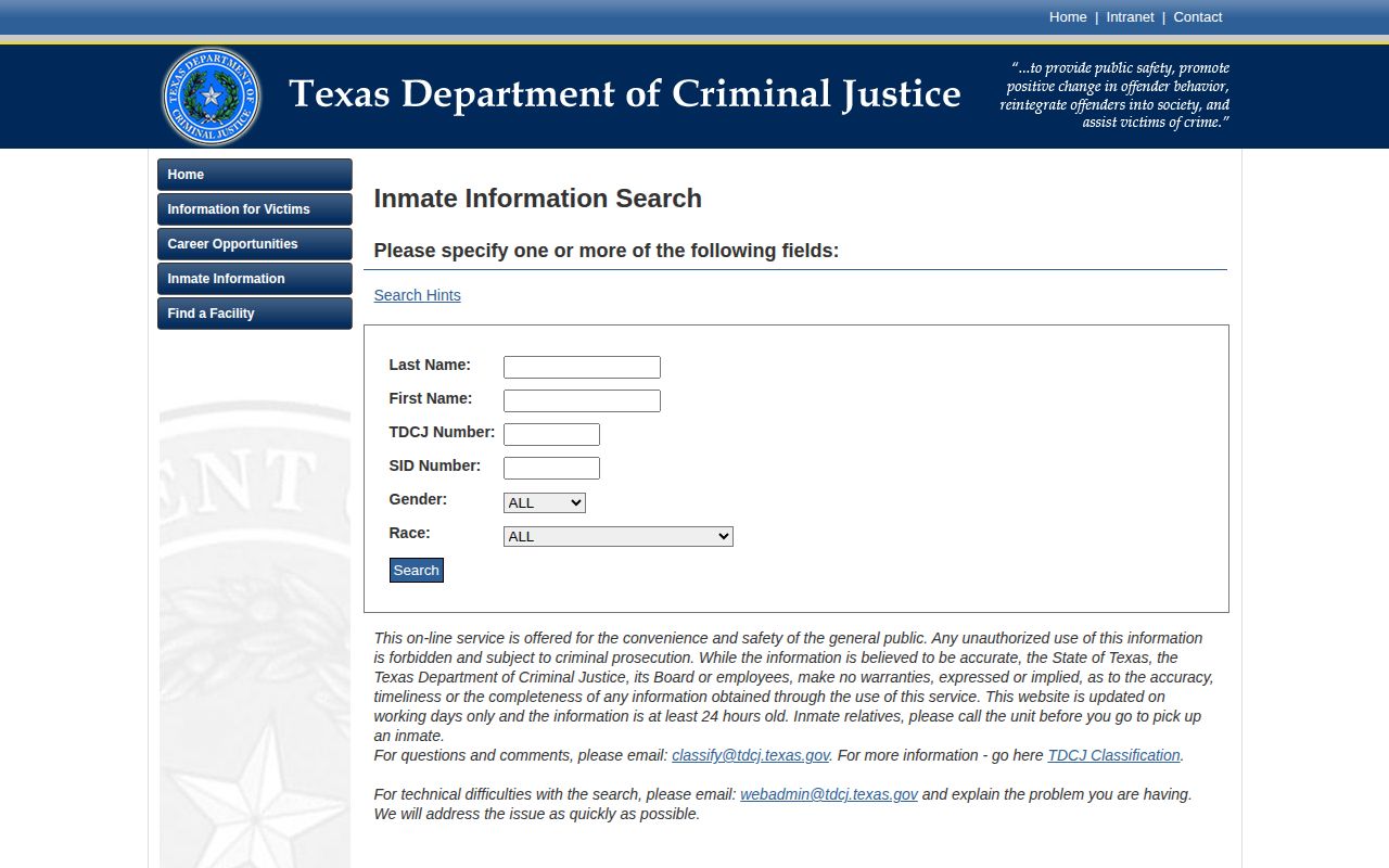 TDCJ current-only search for Victoria County release verification