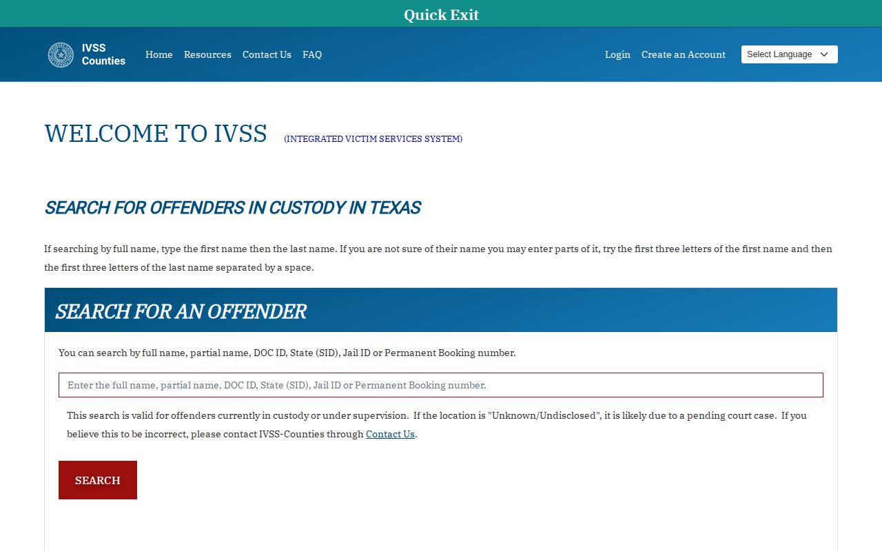 Texas IVSS-Counties specific-person search for Victoria County custody notifications