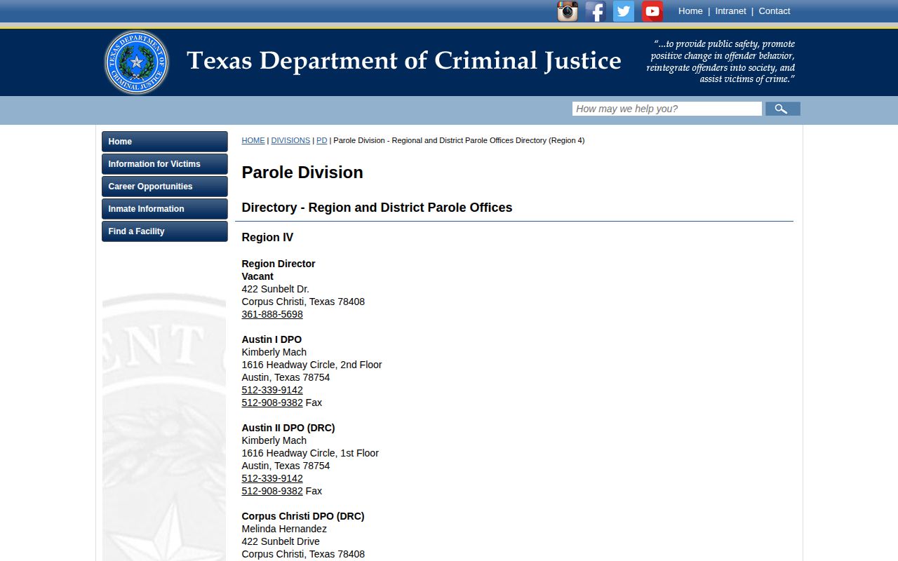Official TDCJ Victoria District Parole Office directory page